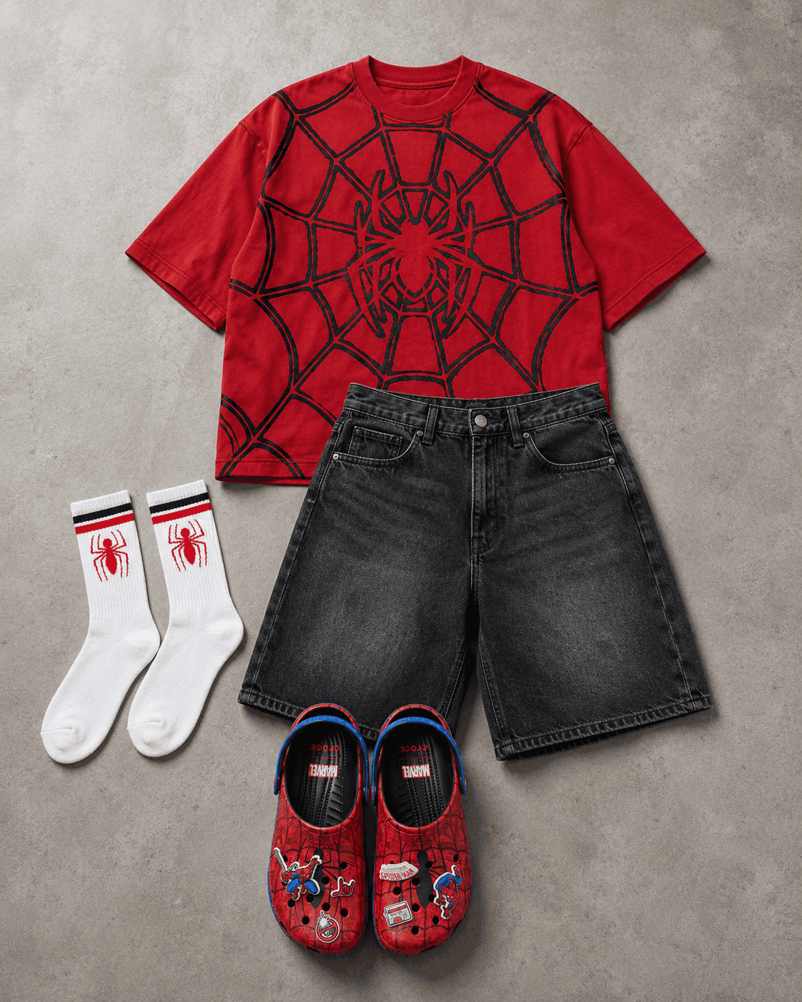 spiderman bershka outfit crocs spiderman editorial flatlay