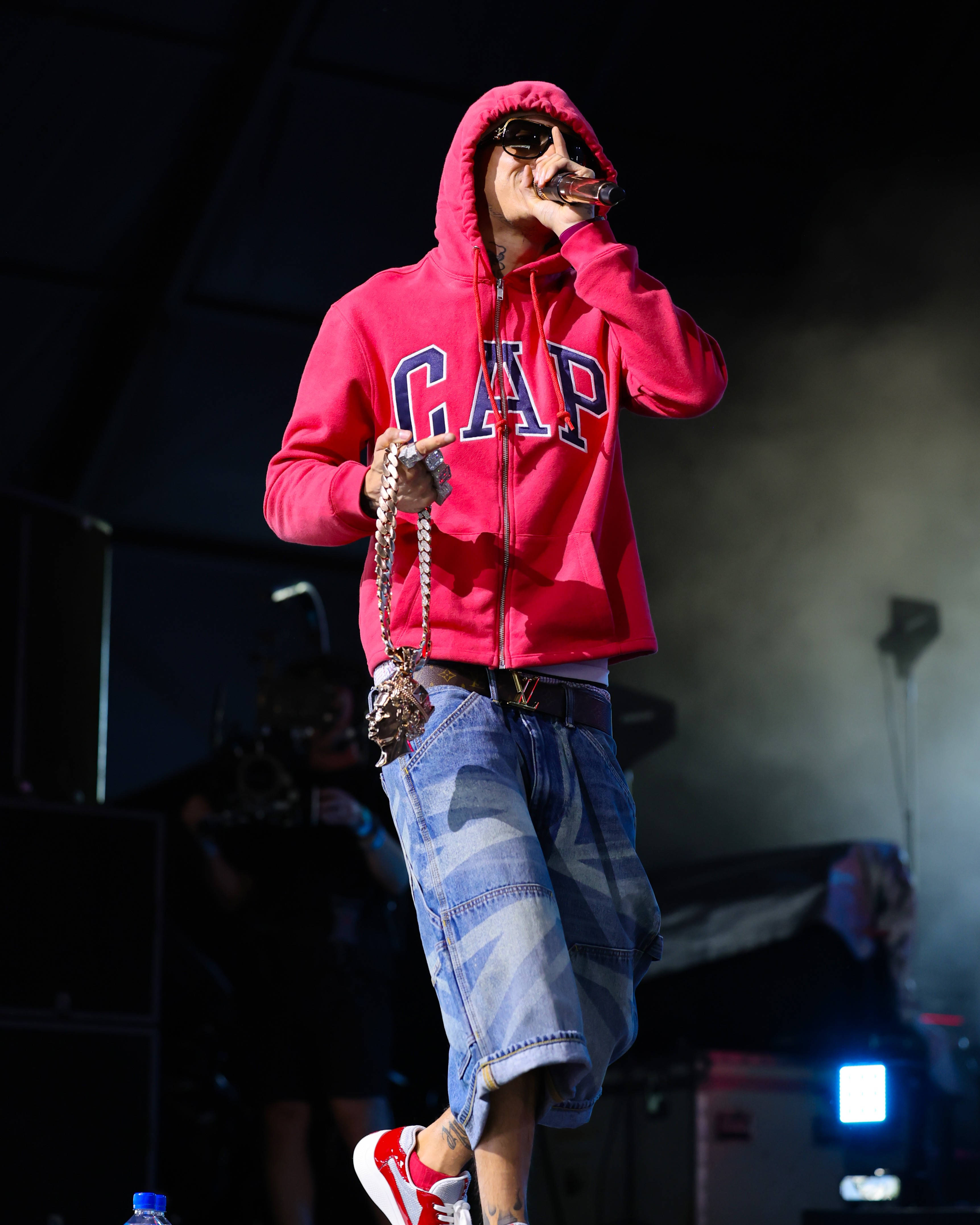 central cee wearing CAP hoodie GAP bootleg