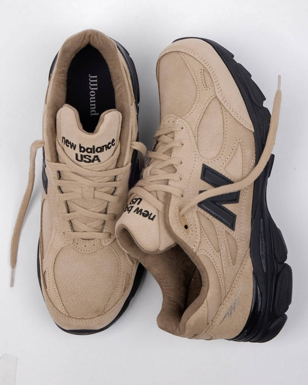 JJJJound x New Balance 990v3 "Tan Suede" top down pair shot