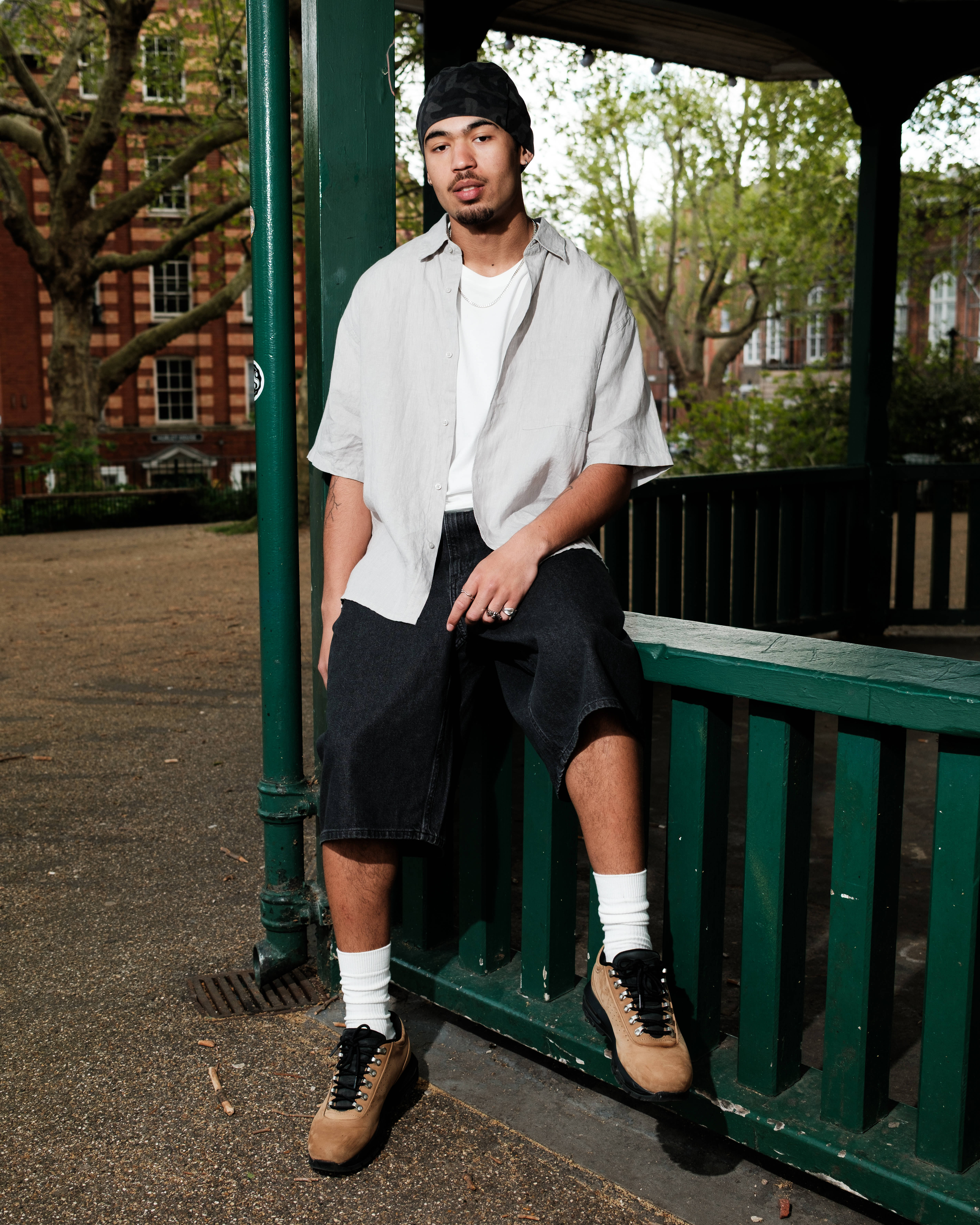outfit 2.5 uniqlo spring jorts and open shirt look in shoreditch london seated relaxed pose