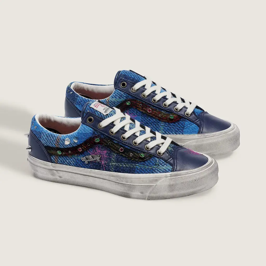 Harris Tweed x Vans Old Skool 36 Blue Multi VN000E8VBIP hero image showing handwoven blue tweed upper navy leather overlays and crystal-studded Sidestripe