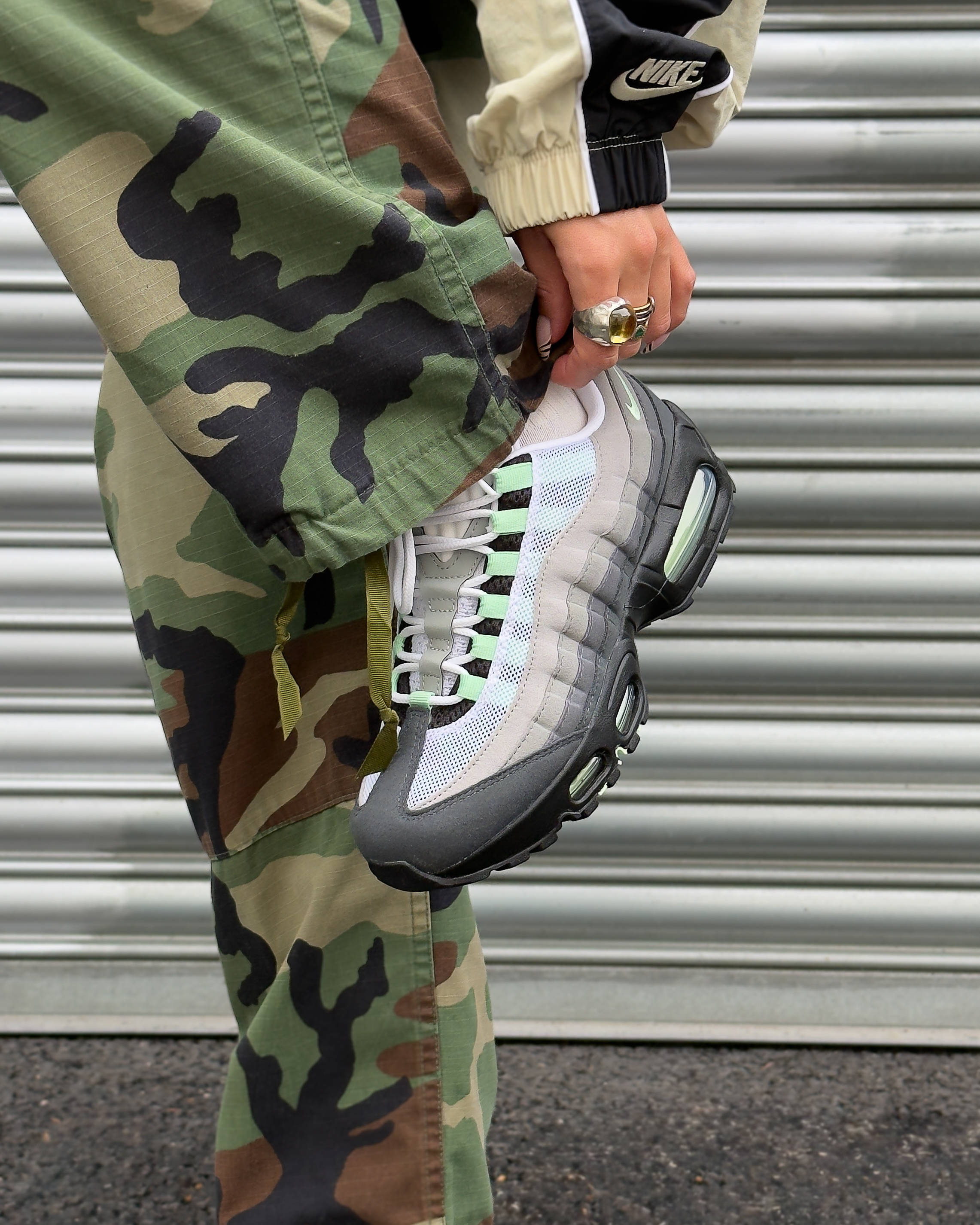 air max 95 fresh mint styled with military trousers