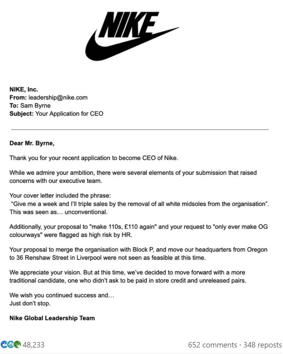 Block P letter to Nike CEO