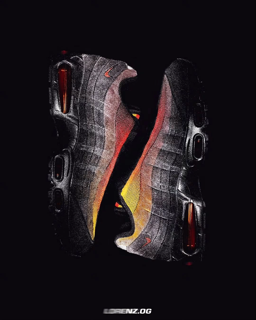 LORENZ.OG x Block P x Nike Air Max 95 Volcano hero image showing dark red to orange gradient upper