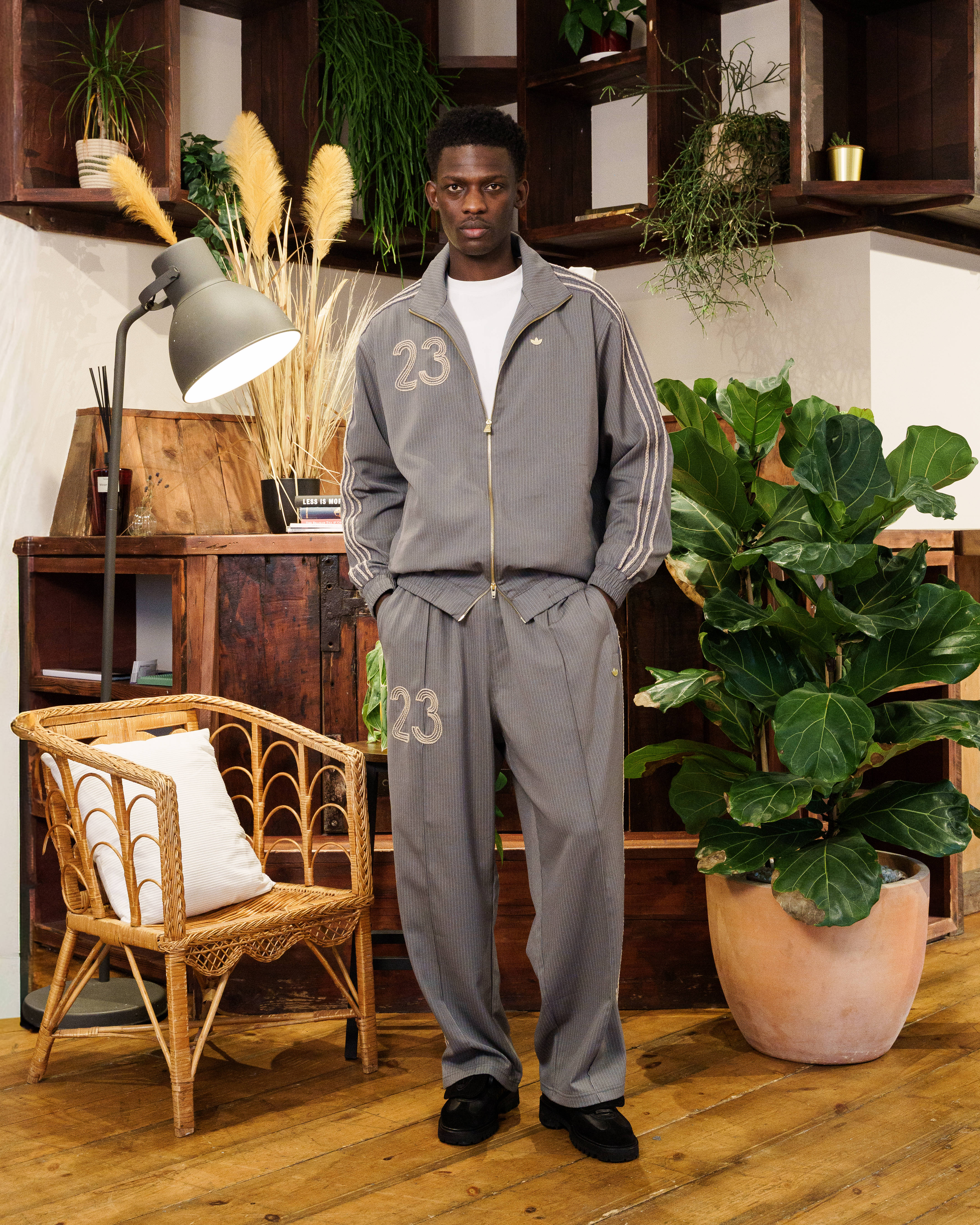 LC23 x adidas Originals collection grey made in italy tracksuit styled by male model editorial shoot