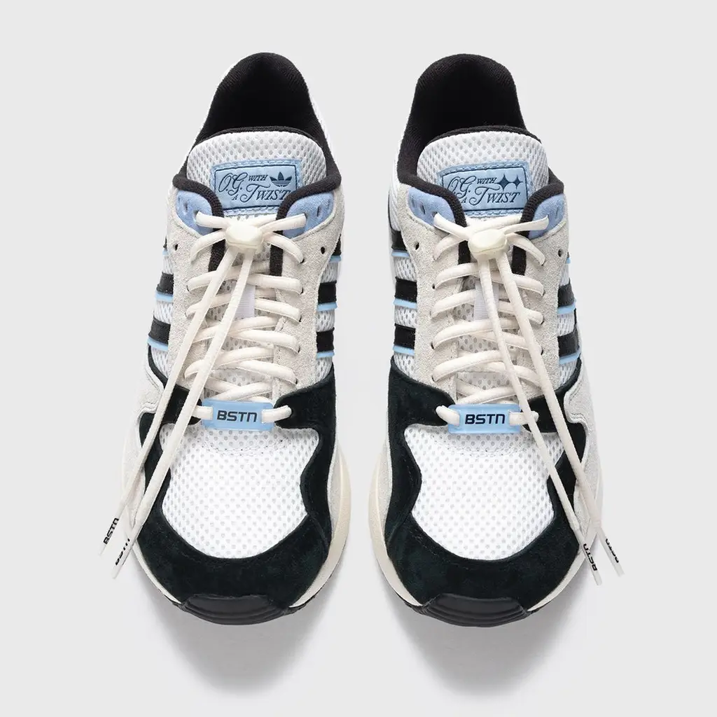 BSTN x adidas Oregon Ultra Tech pack detail showing early 90s panel structure and Three Stripes branding