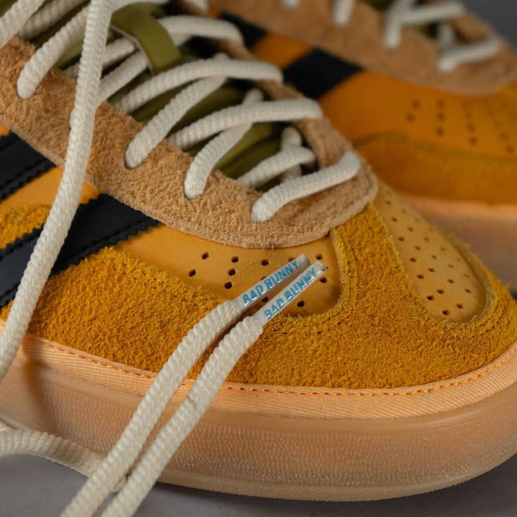 Bad Bunny x adidas Gazelle Indoor Solar Gold KI2592 branding
