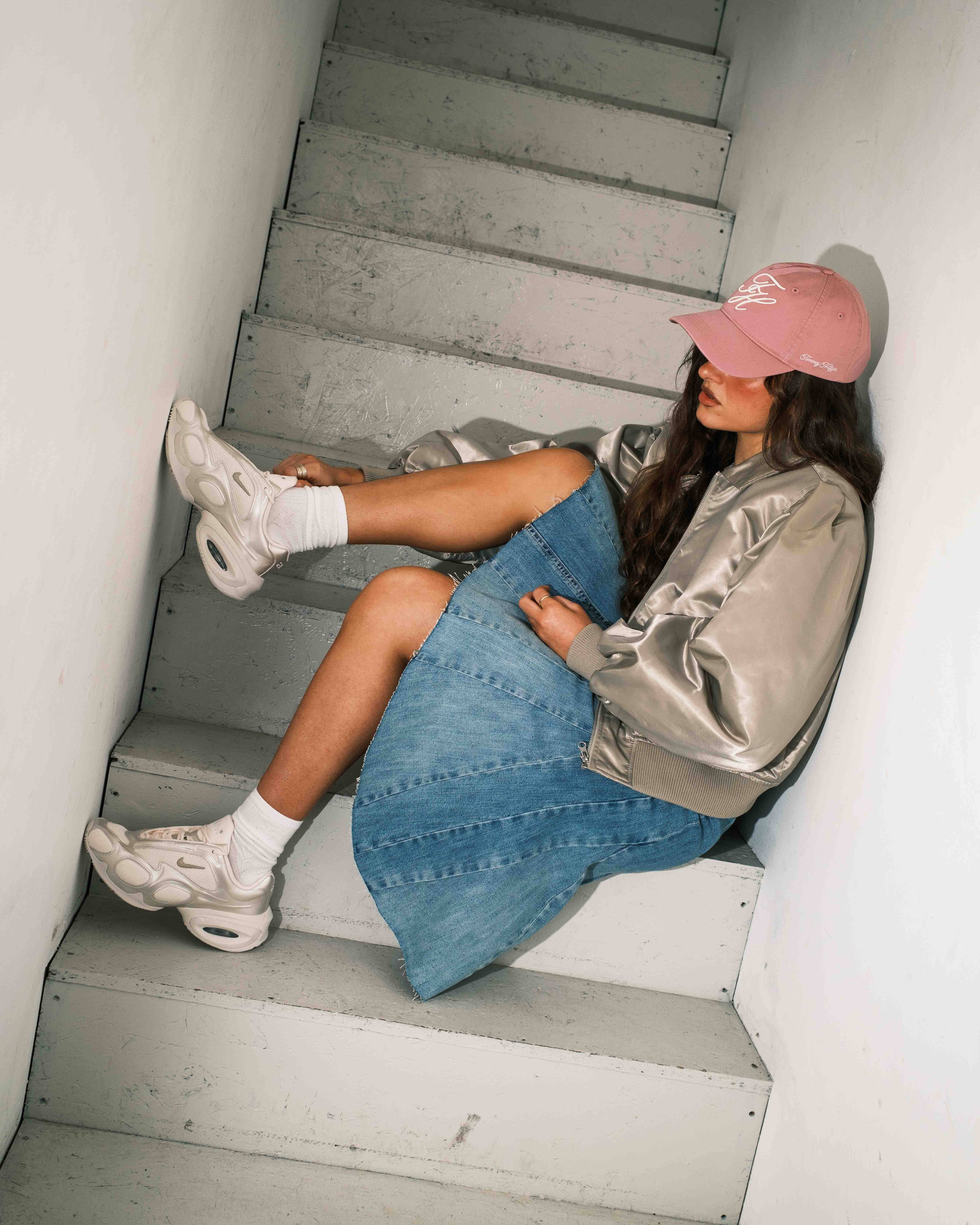 Outfit 2 weekend fit air max muse styled editorial with denim long skirt and bomber