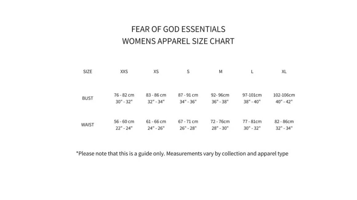 Fear of God Essentials Women size guide