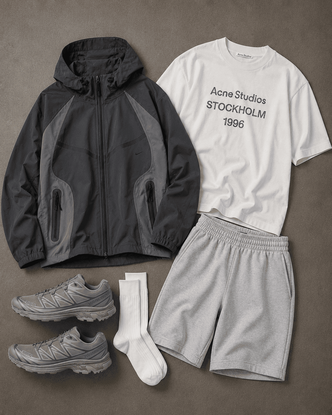 casual outfit flatlay xt-6 salomon