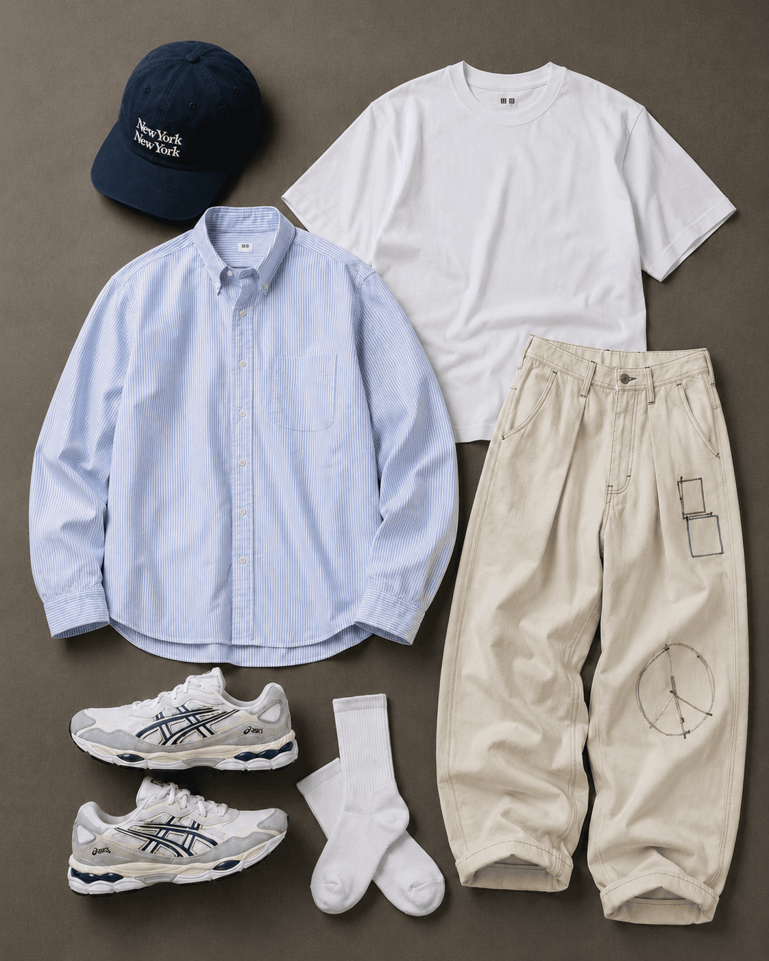 smart casual outfit flatlay for asics gel nyc