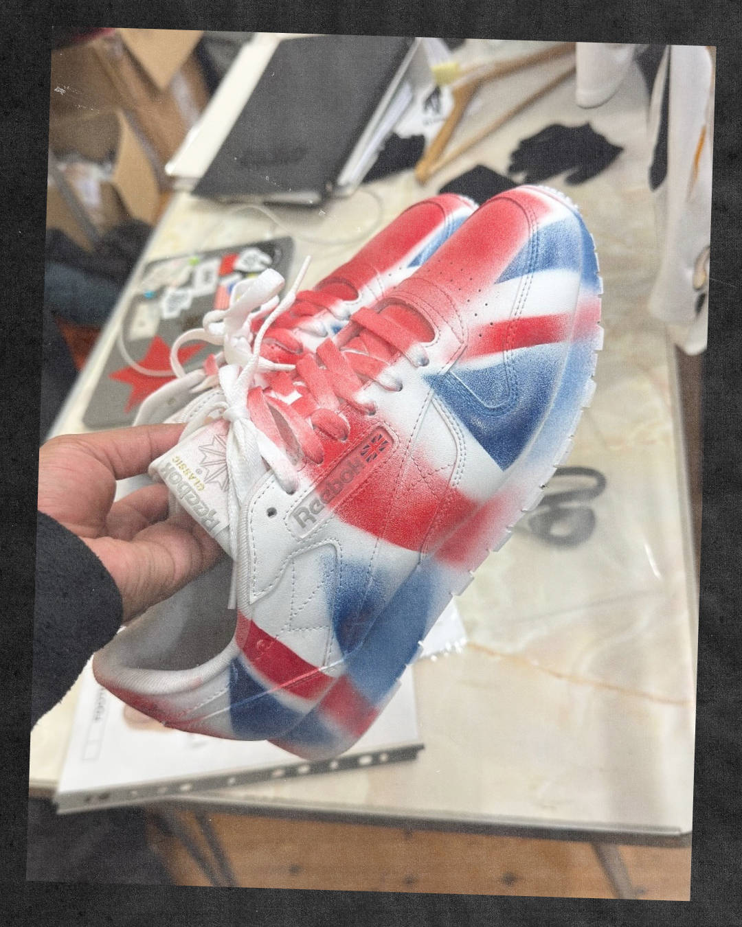 reebok classic leather white with brtain flag painted onto upper