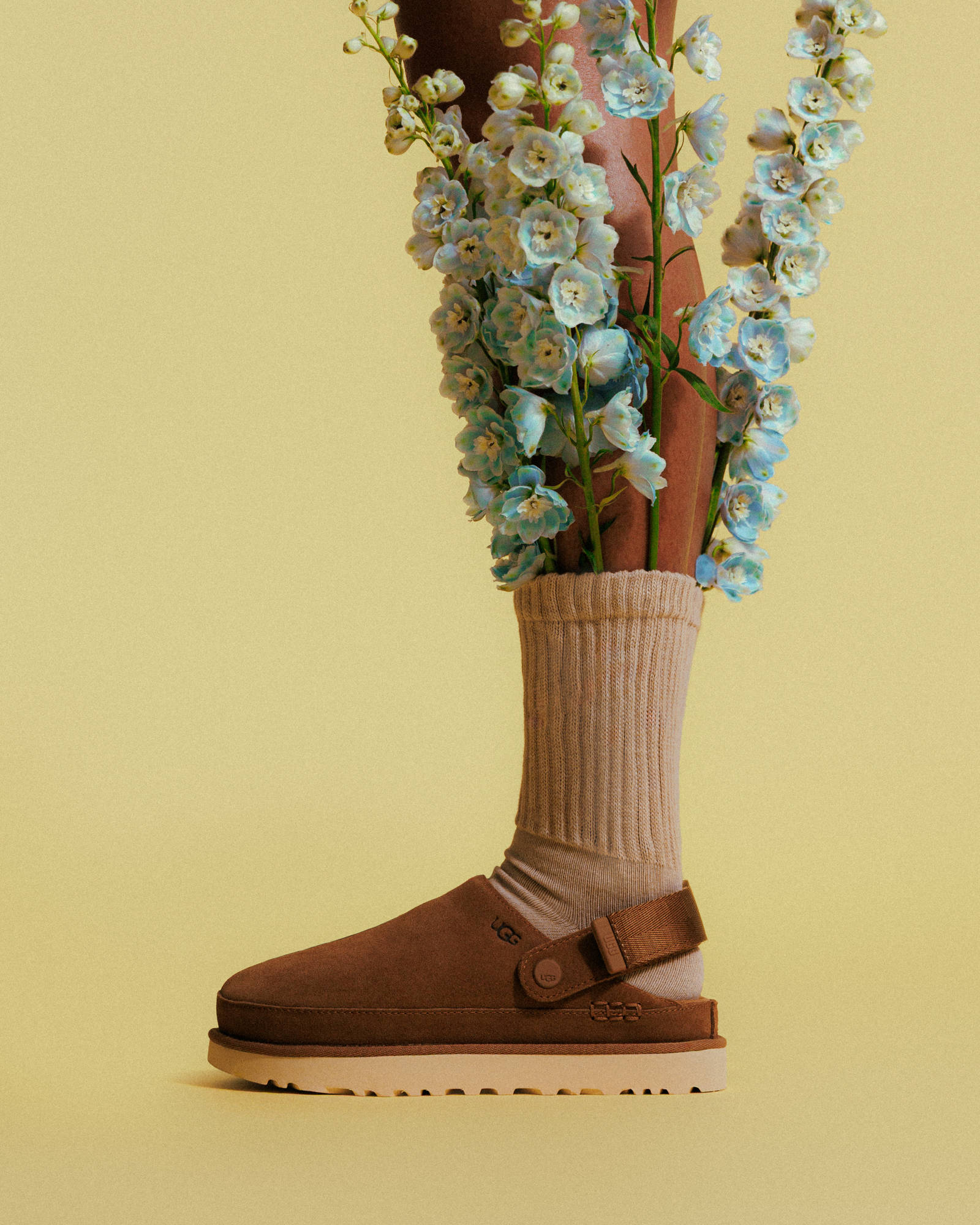 UGG Goldenstar Clog editorial on feet shot with flowers in socks