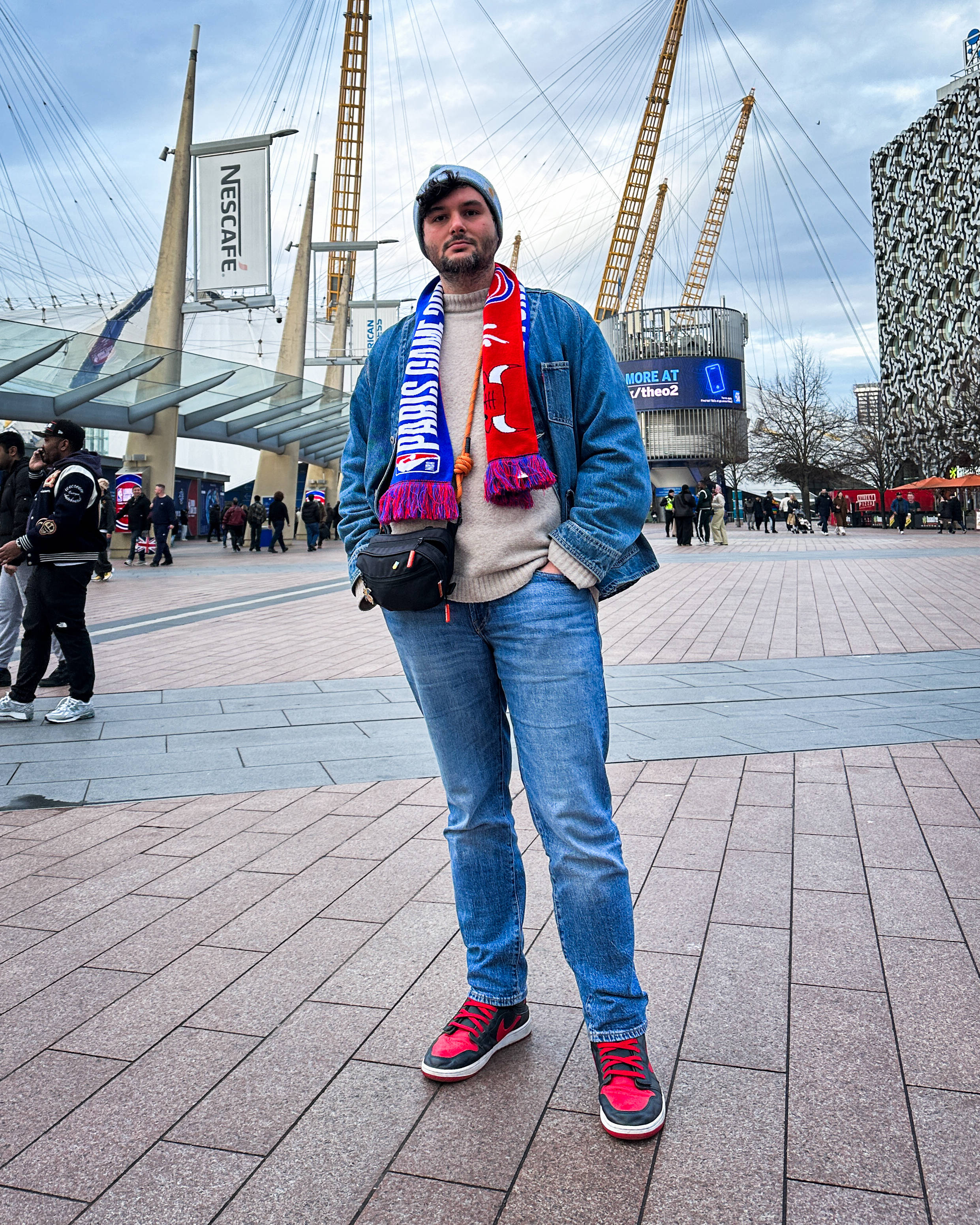 Fan wearing Air Jordan 1 OG High BREDs at the London NBA 2026 game