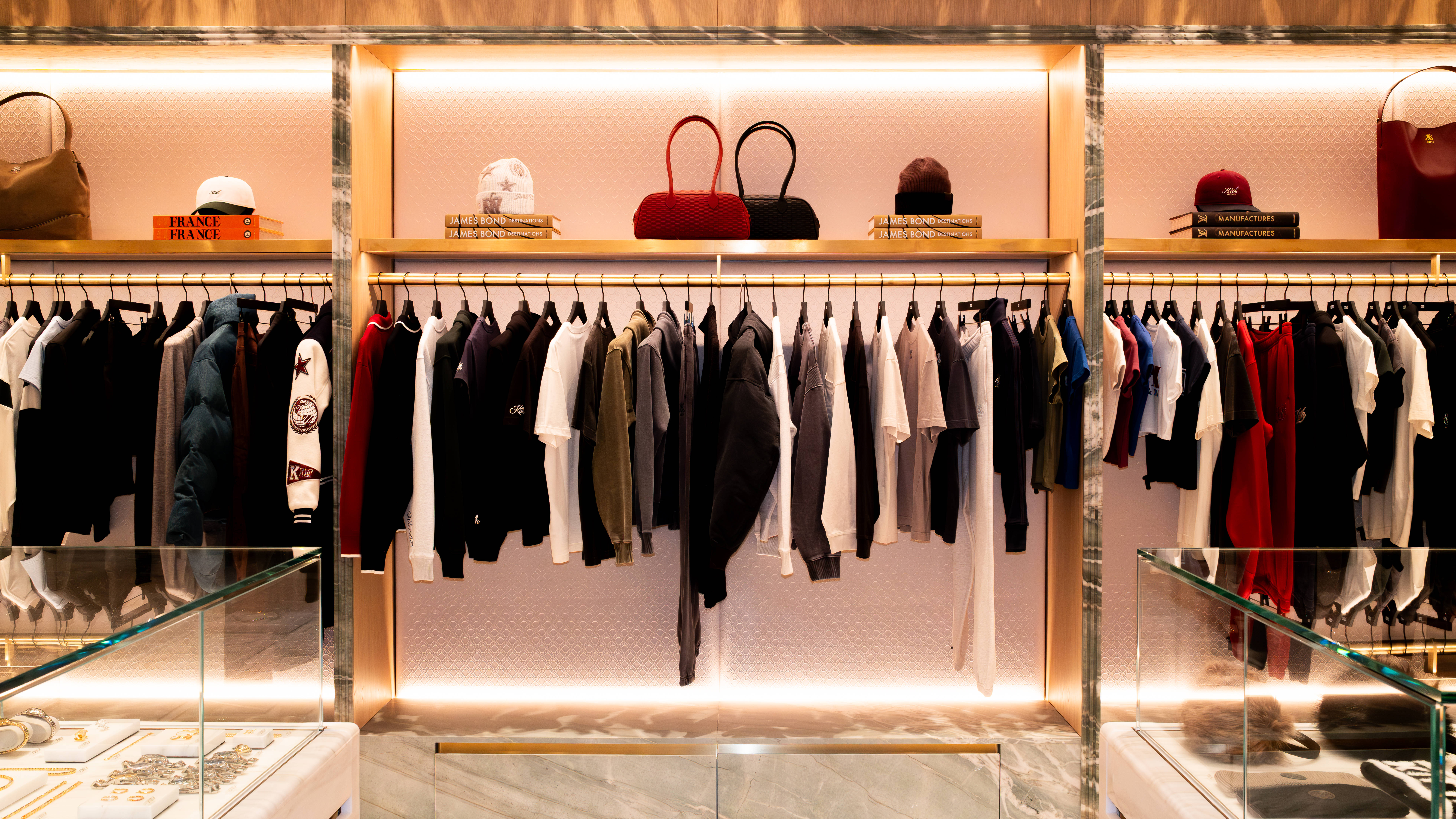 clothing rack beautifully lit up at the Kith London Store opening on regent street london