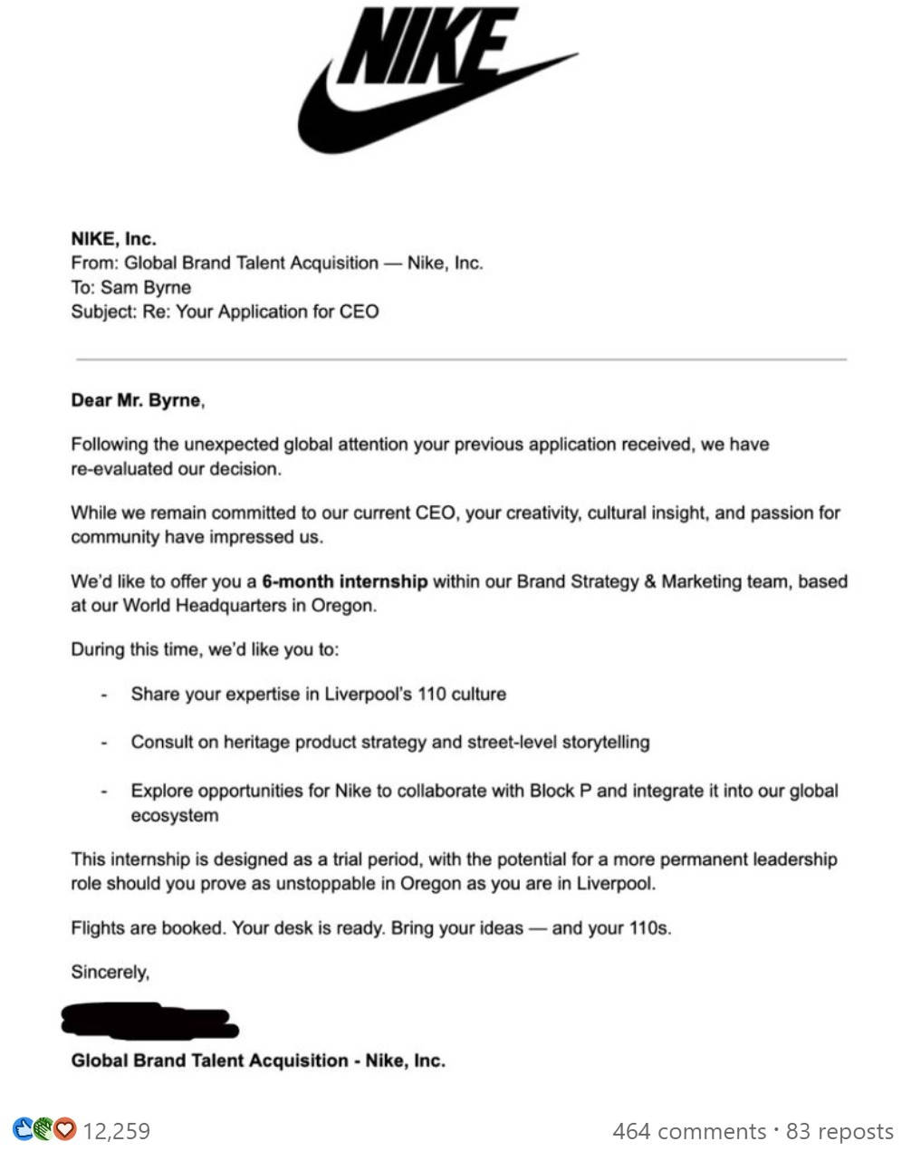 Block P letter to Nike