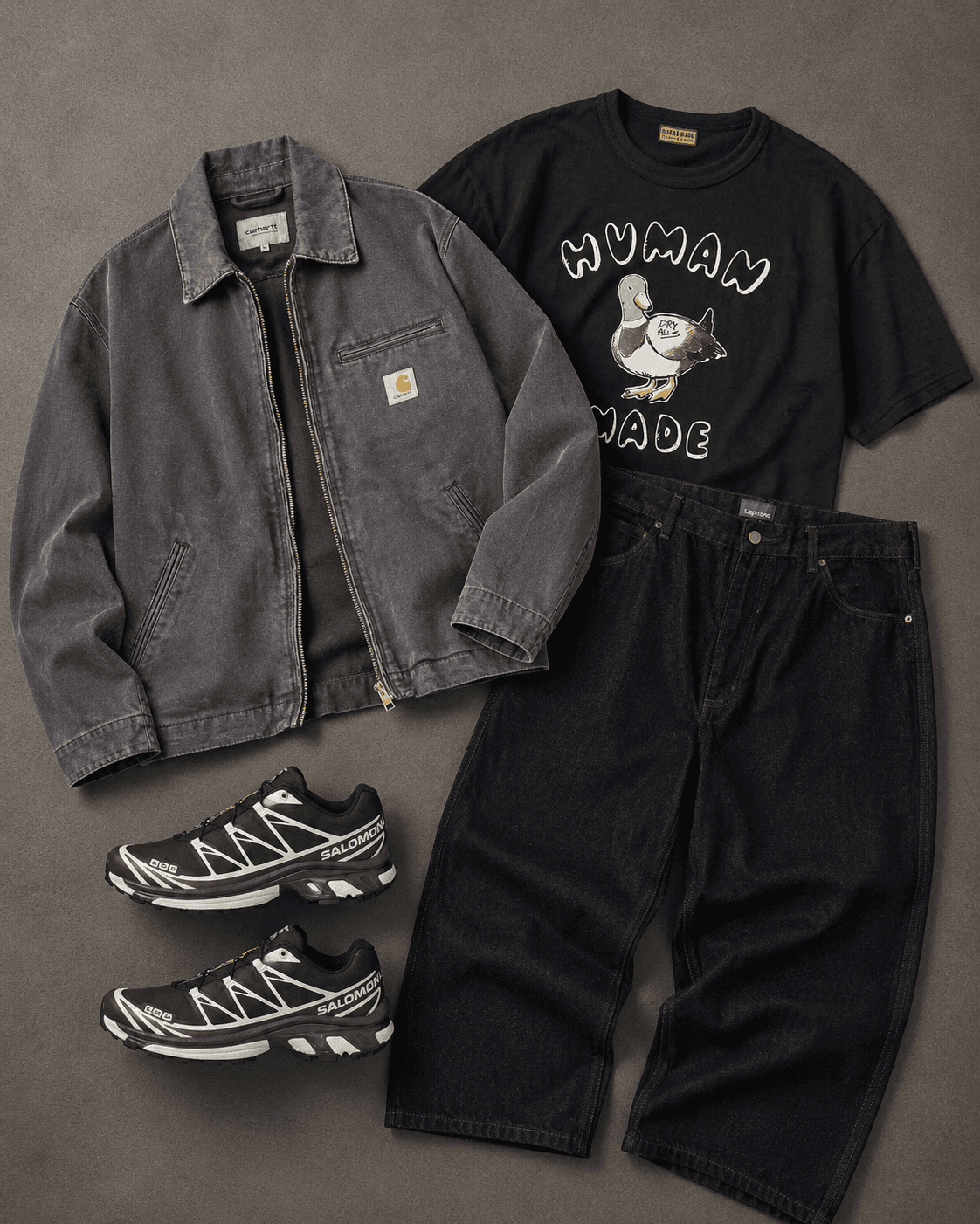 workwear outfit salomon xt-6 flatlay