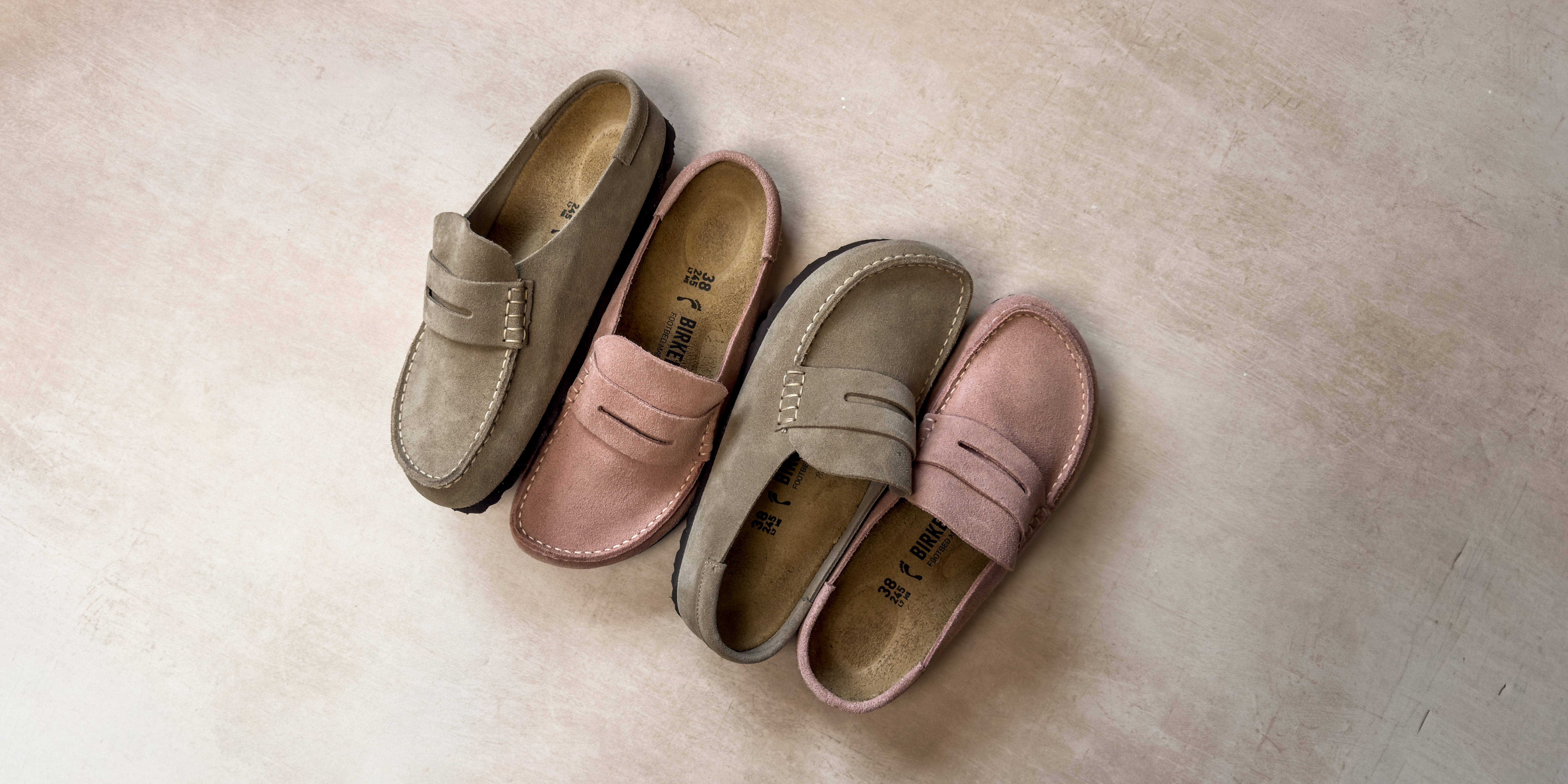 Birkenstock Naples Pink Clay and Taupe Suede Editorial shots top down