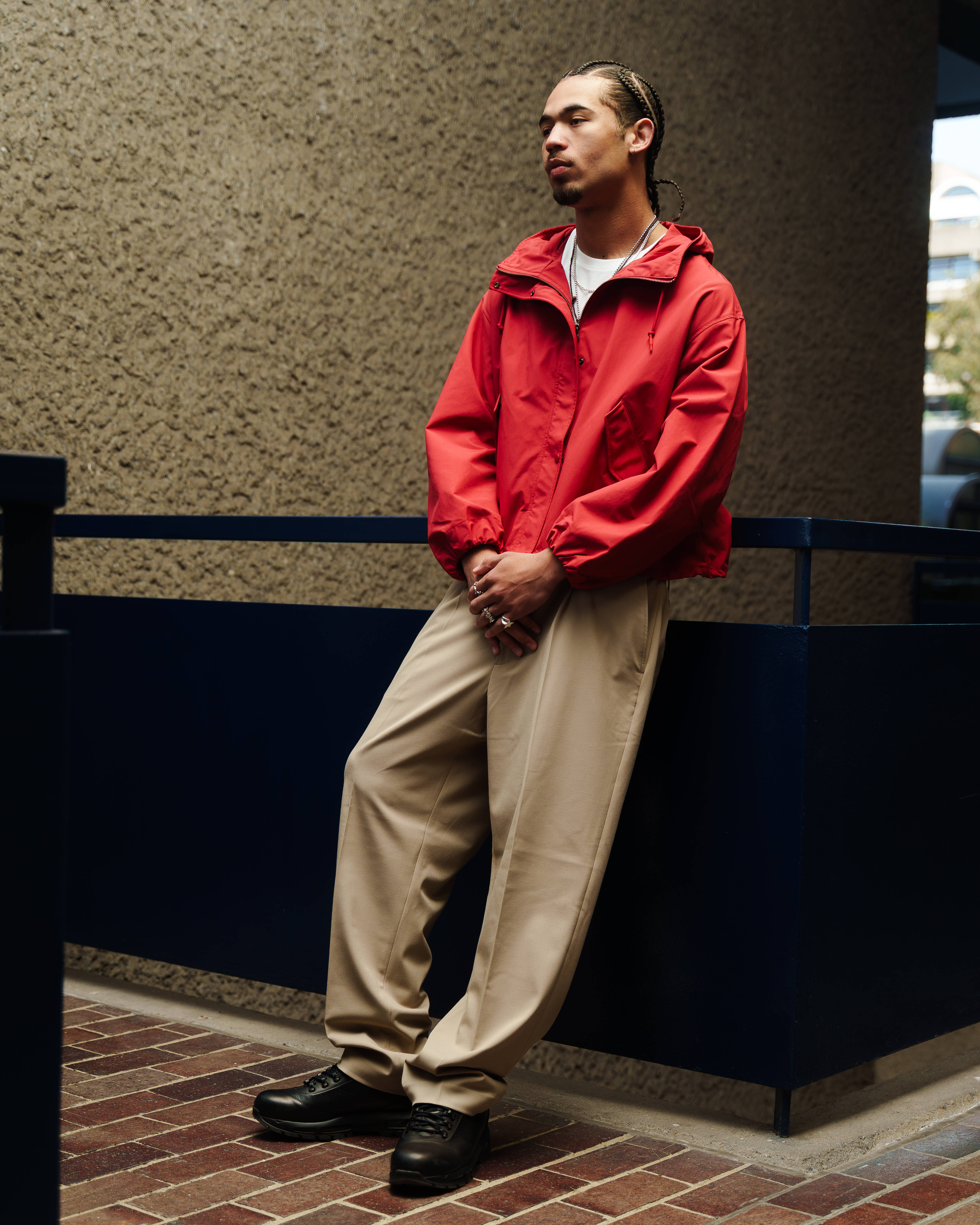 outfit 1 chinos and red cropped jacket look in barbican editorial