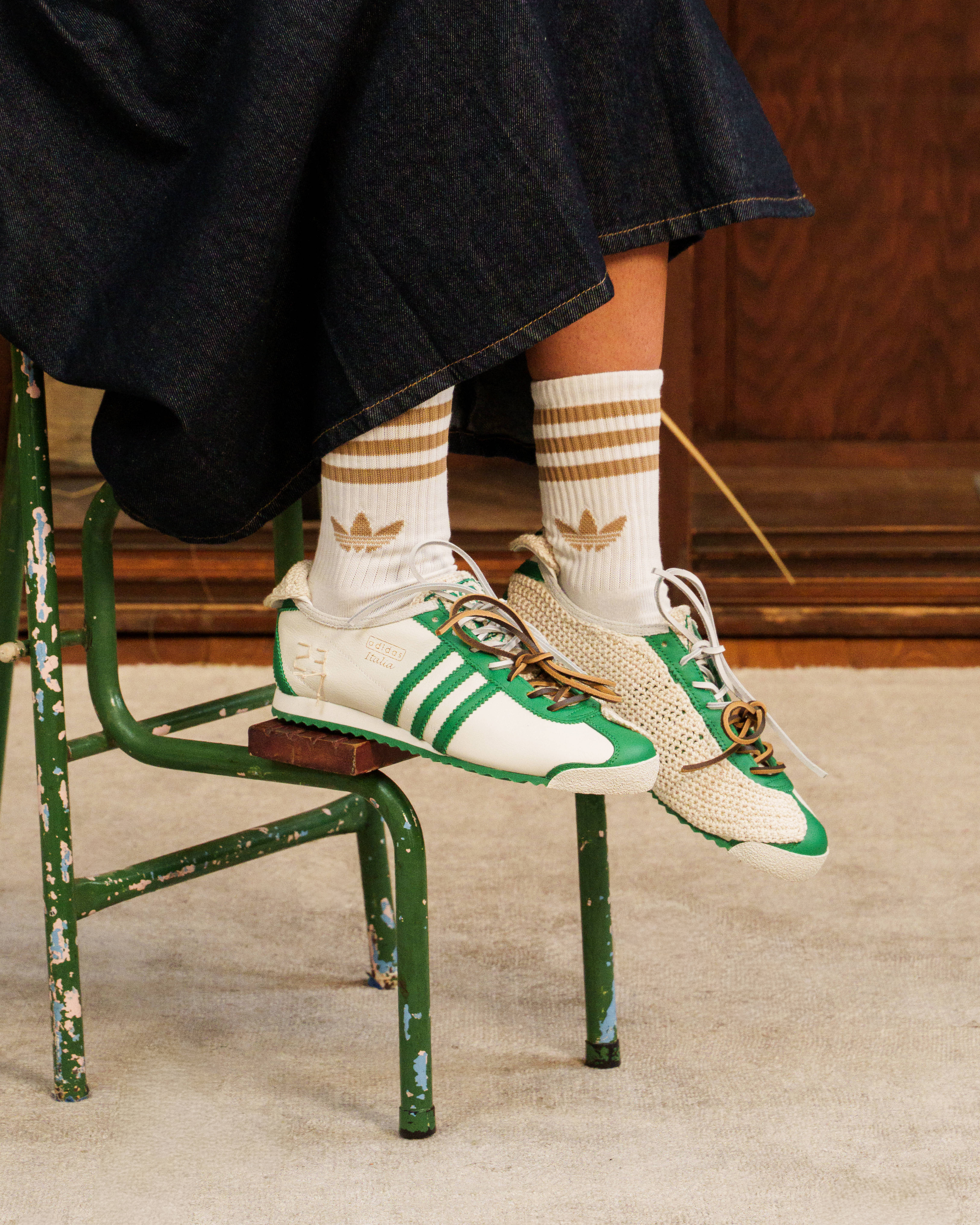 LC23 x adidas Italia 60s white green on feet close up editorial style shoot
