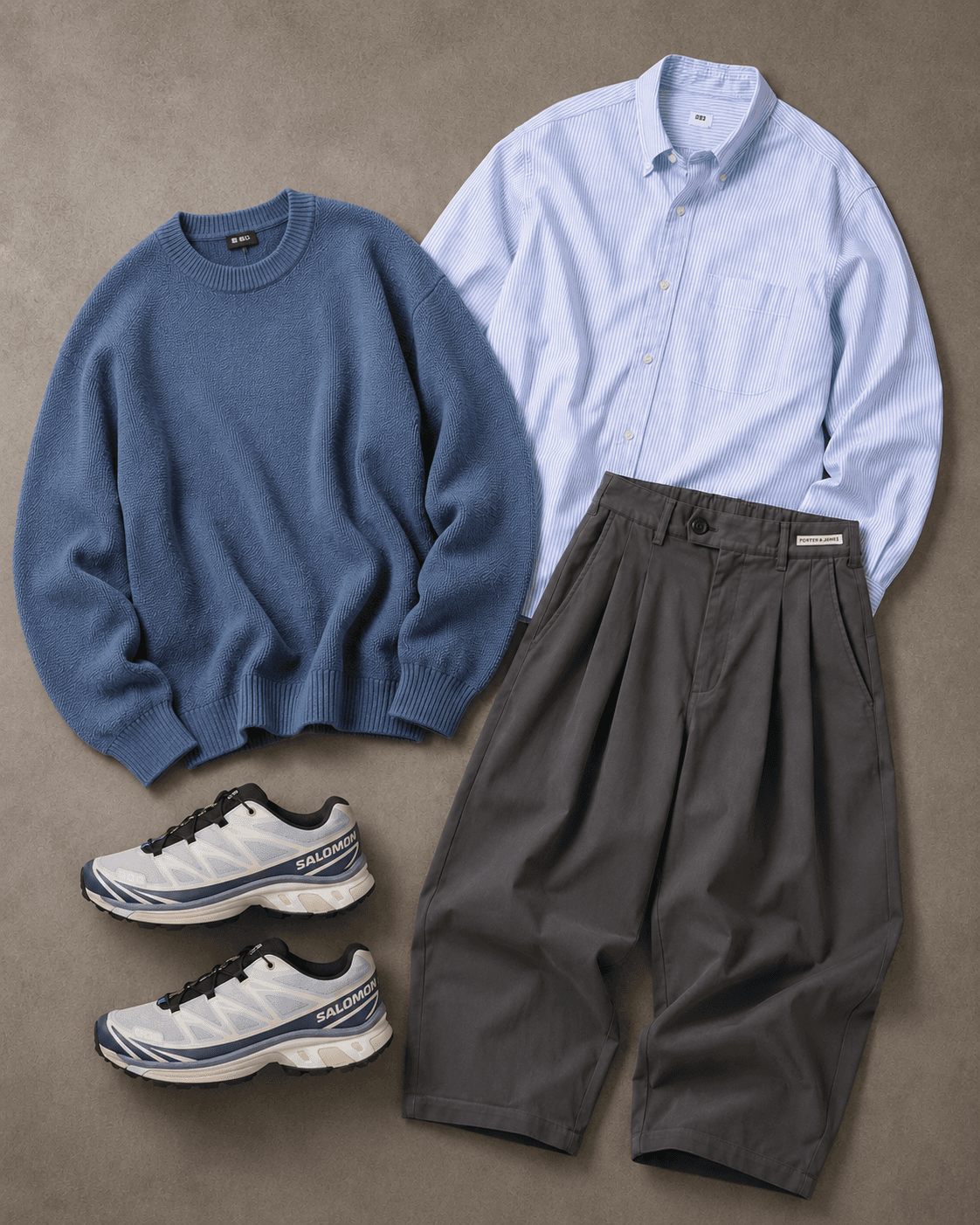 smart casual outfit salomon xt-6 flatlay