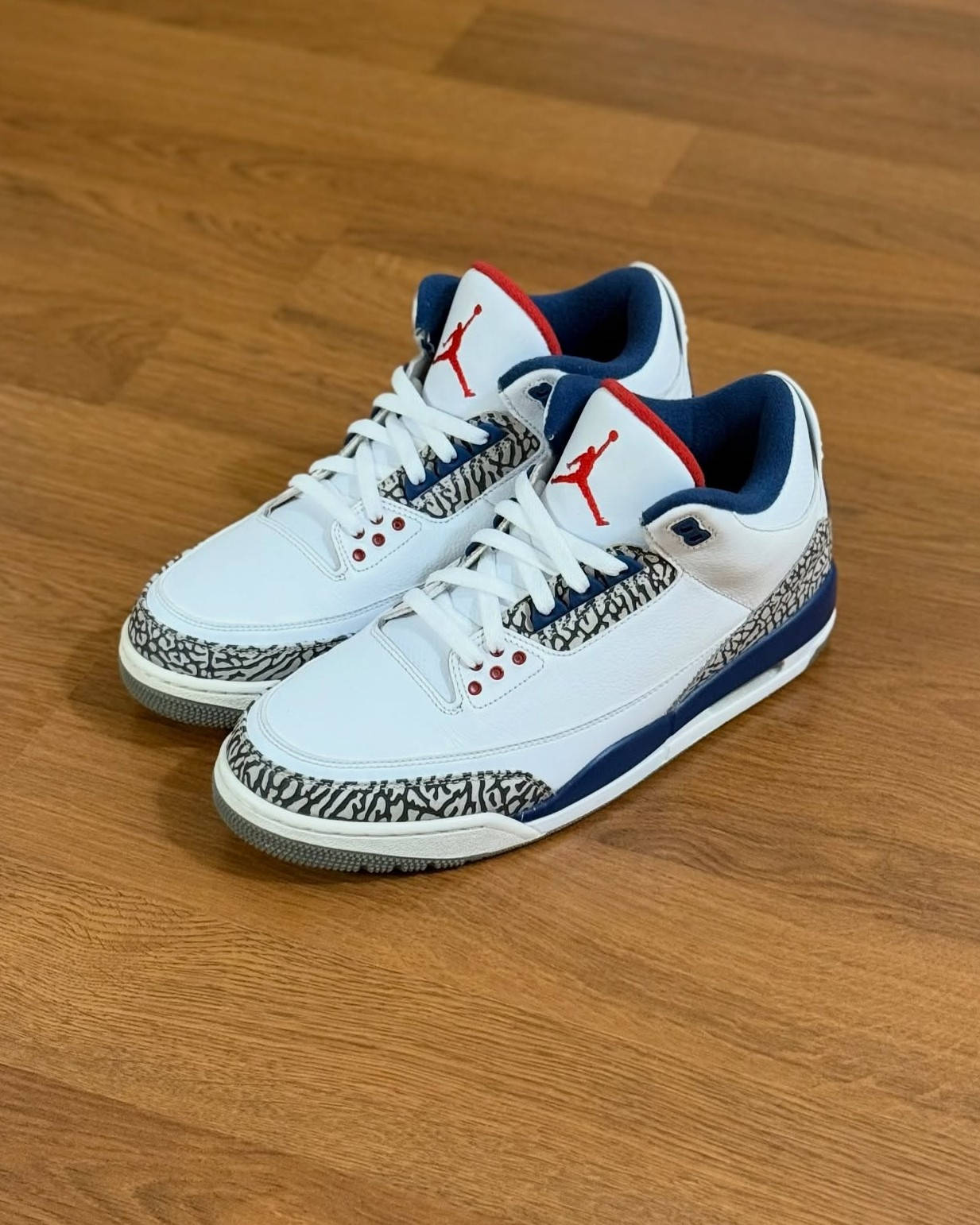 jordan 3 true blue 2026 wooden flooring backdrop