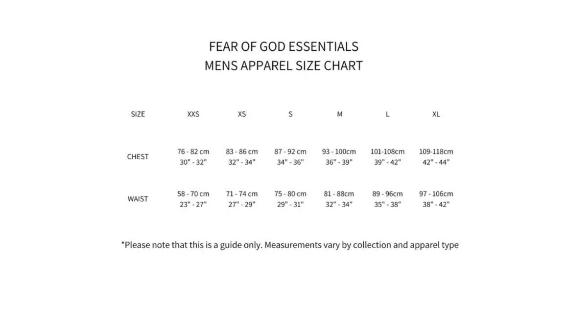 Fear of God Essentials Men size guide