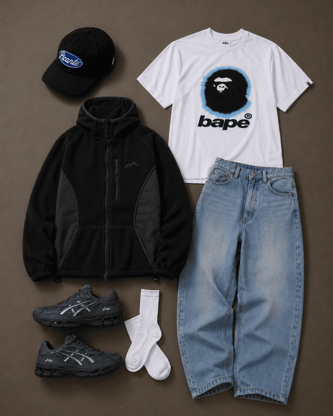 streetwear flatlay outfit for asics