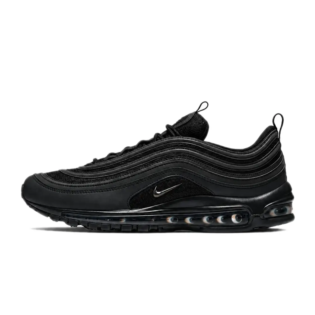 Slam Jam x Nike Air Max 97 Black first look teaser image showing cracked leather mudguard tumbled material and darkened Air unit with eye graphics