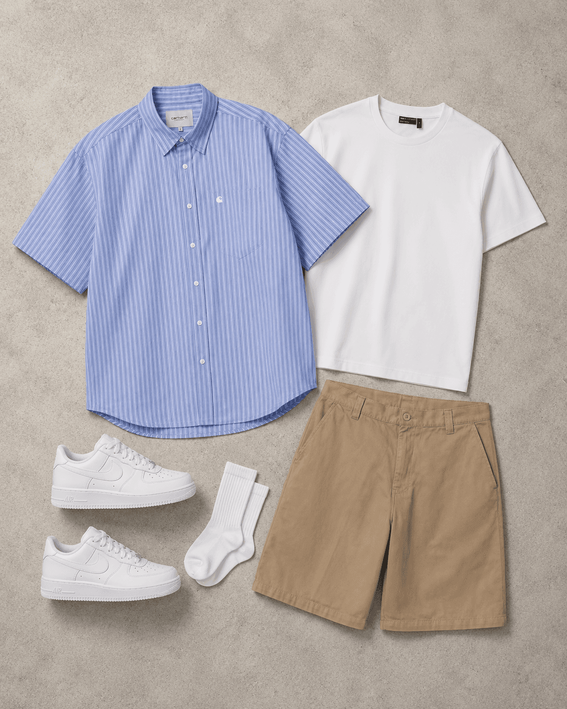 smart outfit triple white air force 1 flatlay