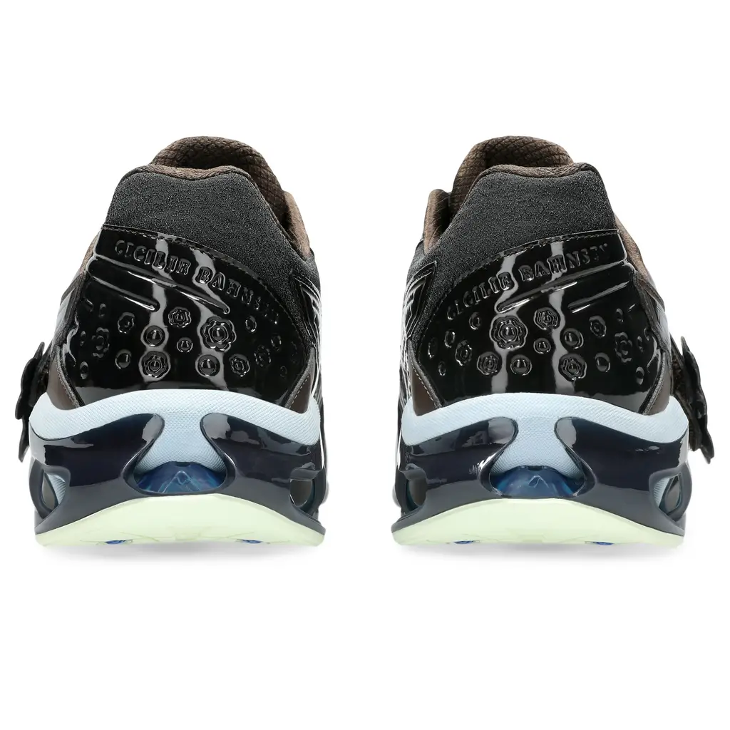 Cecilie Bahnsen x ASICS Gel-Kinetic FR detail showing flower charms and delicate beads on forefoot strap