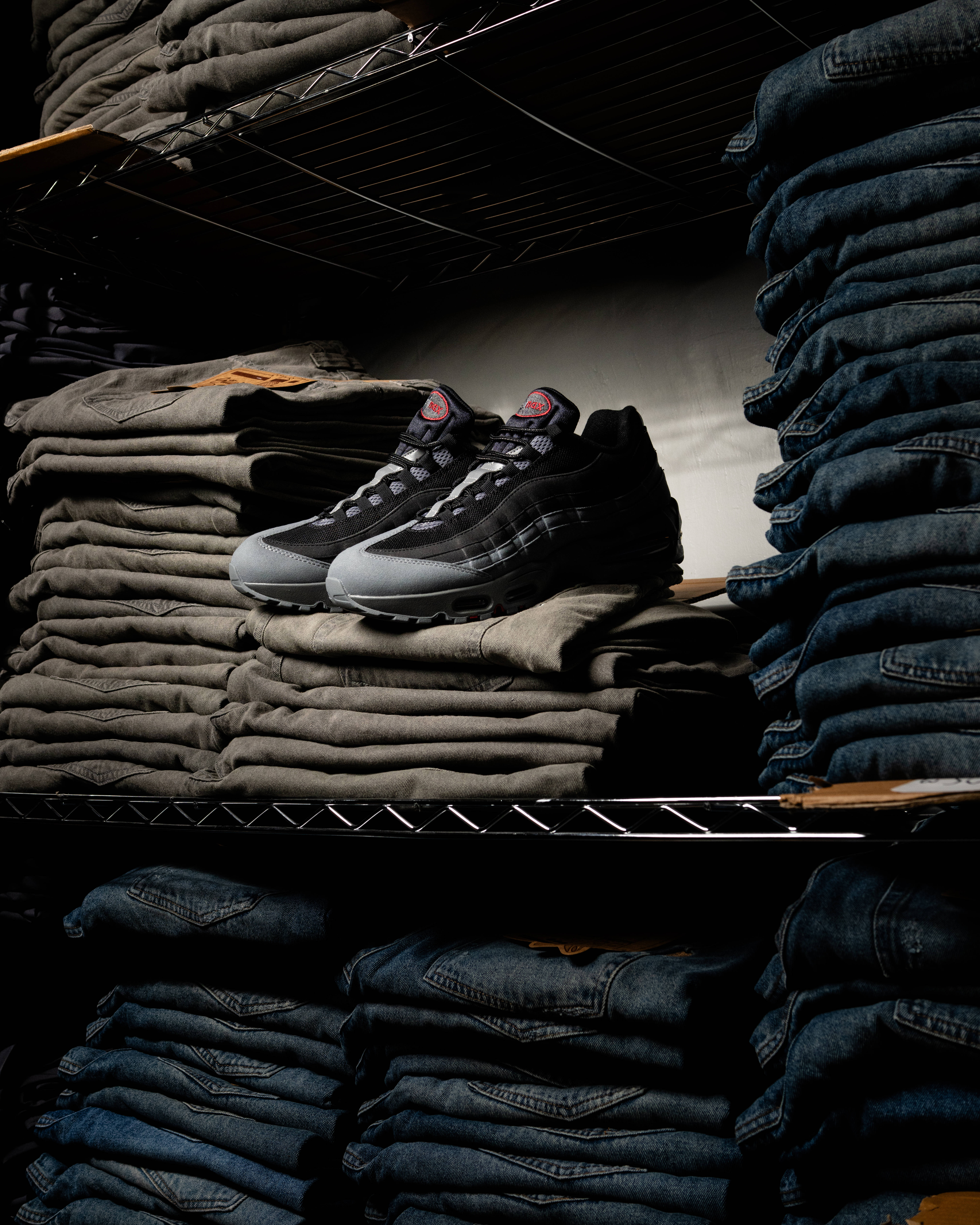baggys.tv denim storage in studio air max 95 sat on denim stack