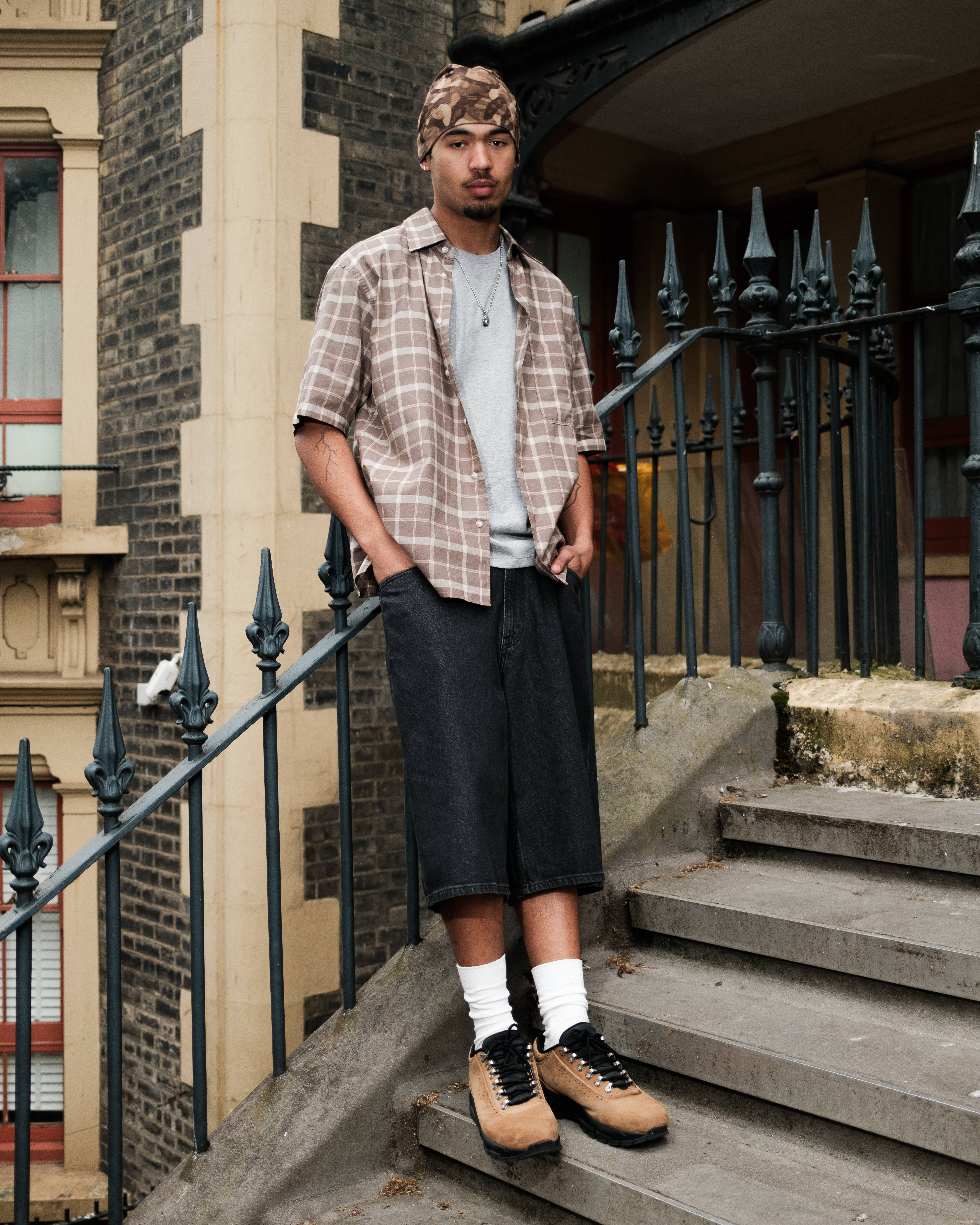 outfit 2 baggy jorts open shirt with grey t combination on steps london streetwear