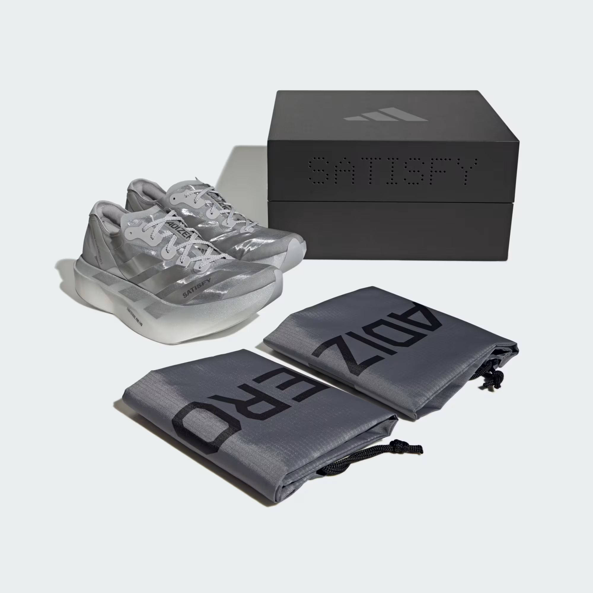 Satisfy x adidas Adizero Adios Pro Evo 2 Silver Metallic front