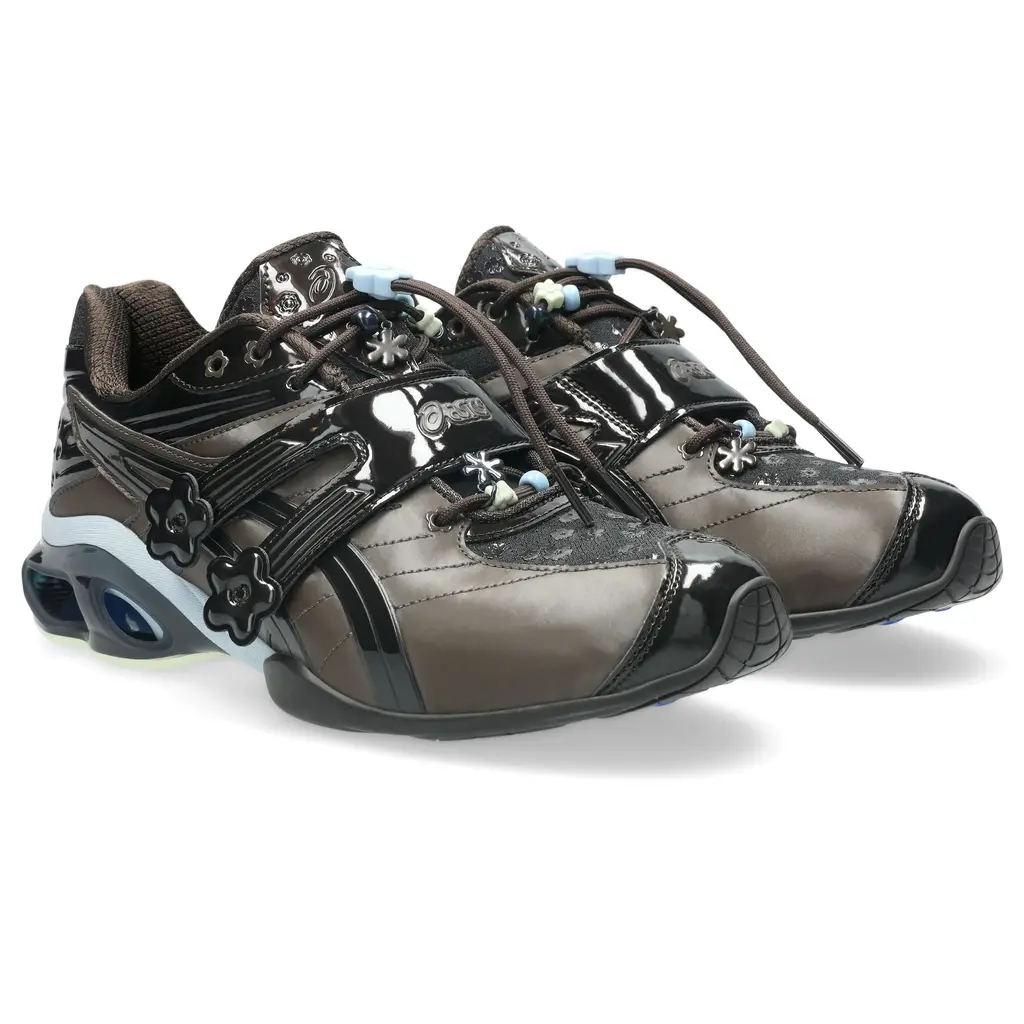 Cecilie Bahnsen x ASICS Gel-Kinetic FR Piedmont Grey 1203B171-20 hero image showing metallic silver upper with floral motifs and Y2K silver overlays