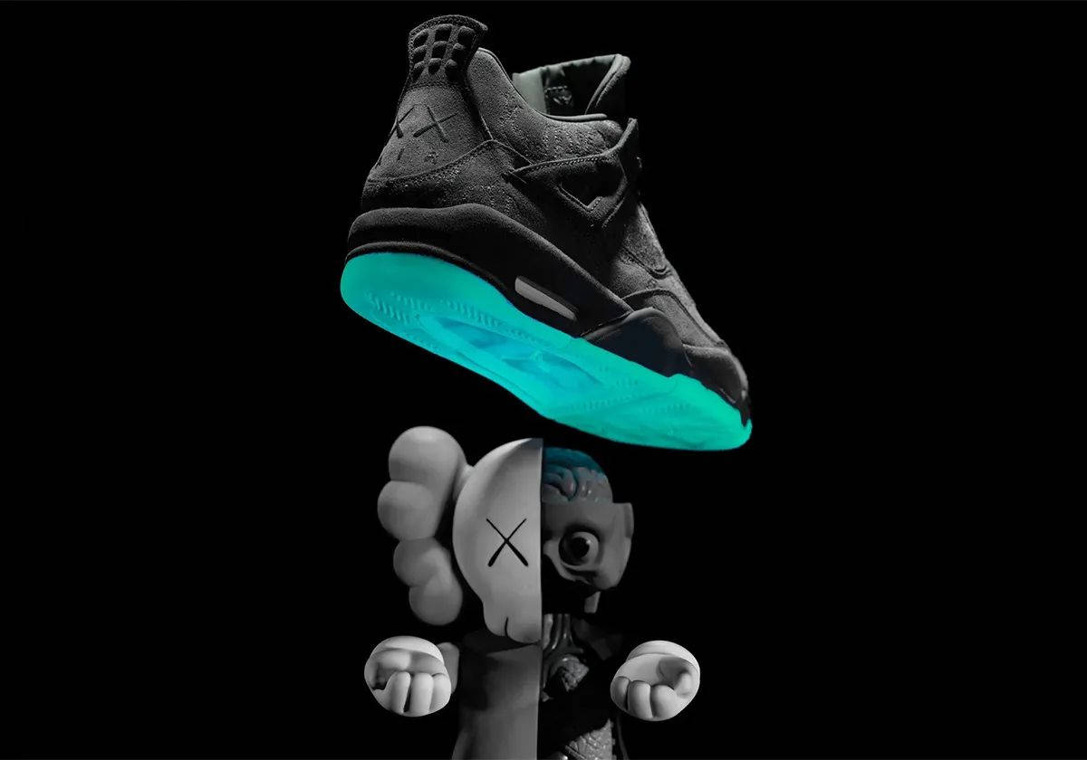 KAWS x Air Jordan 4 Dark Grey JU4624 002 with doll