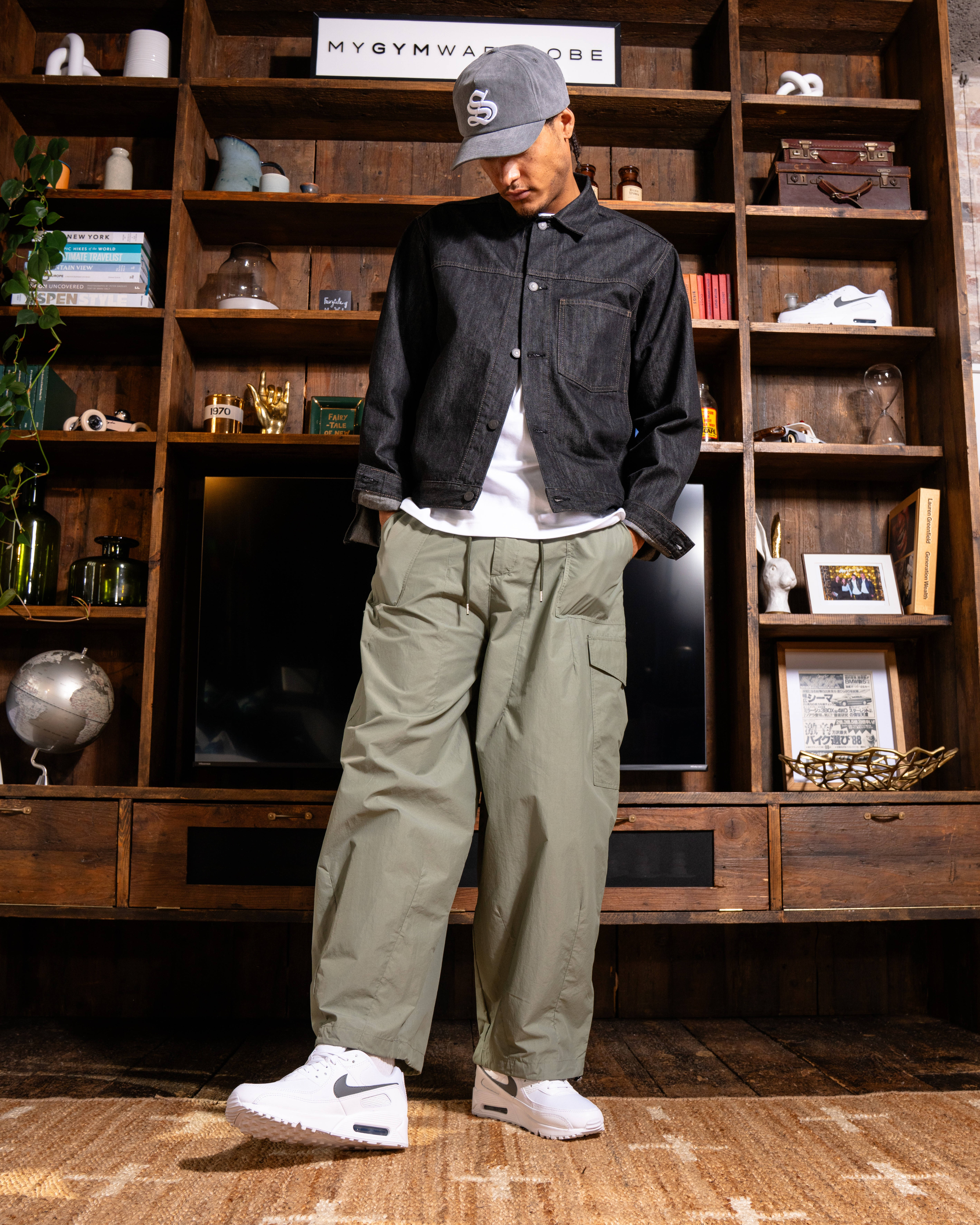 outfit 2 stying white air max 90 editorial shelving backdrop