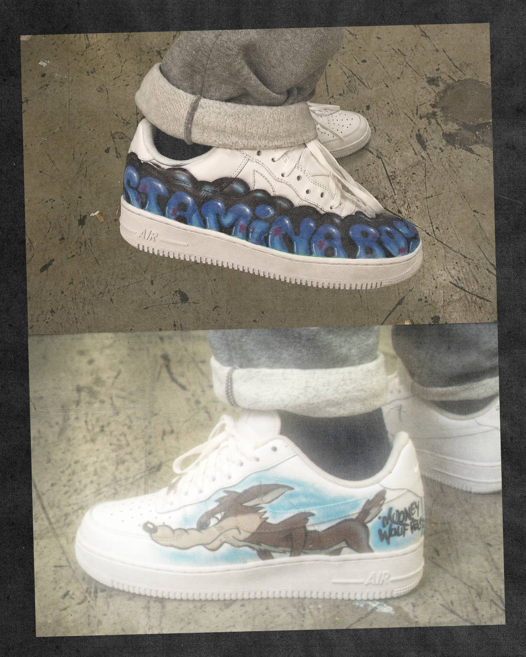 Grime MC Stamina Boy and Wiley's custom air force 1s from 2003 with graffiti lettering and looney tunes characters