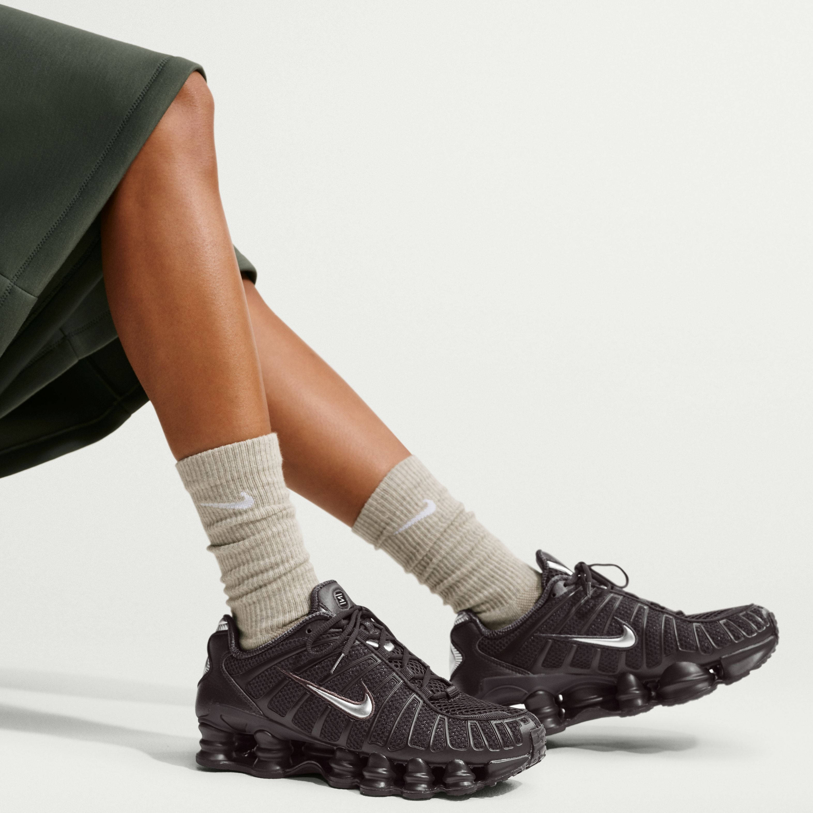 Nike Shox TL Velvet Brown Metallic Silver IH2559 201 on foot