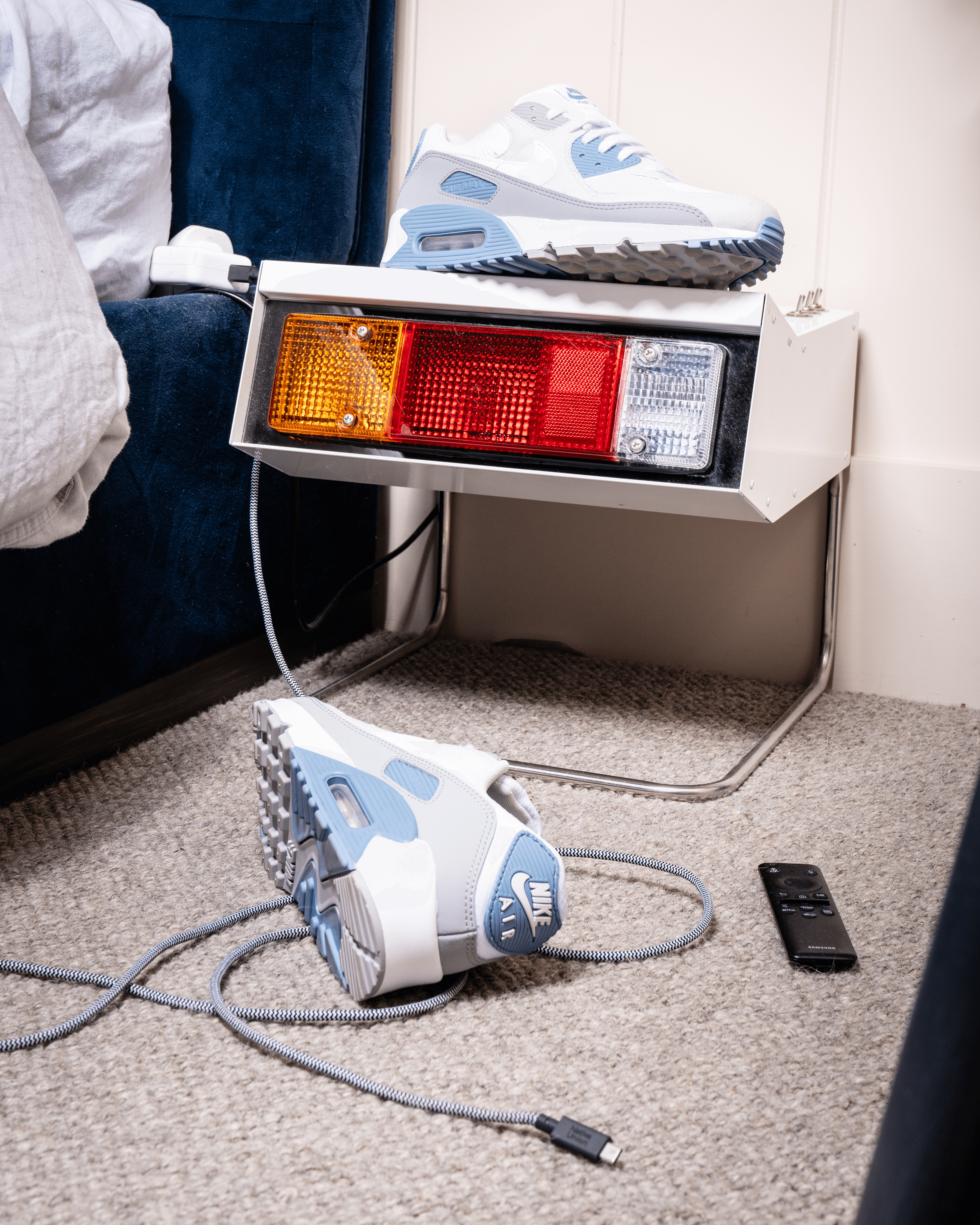 air max 90 white blue layed out in bedroom