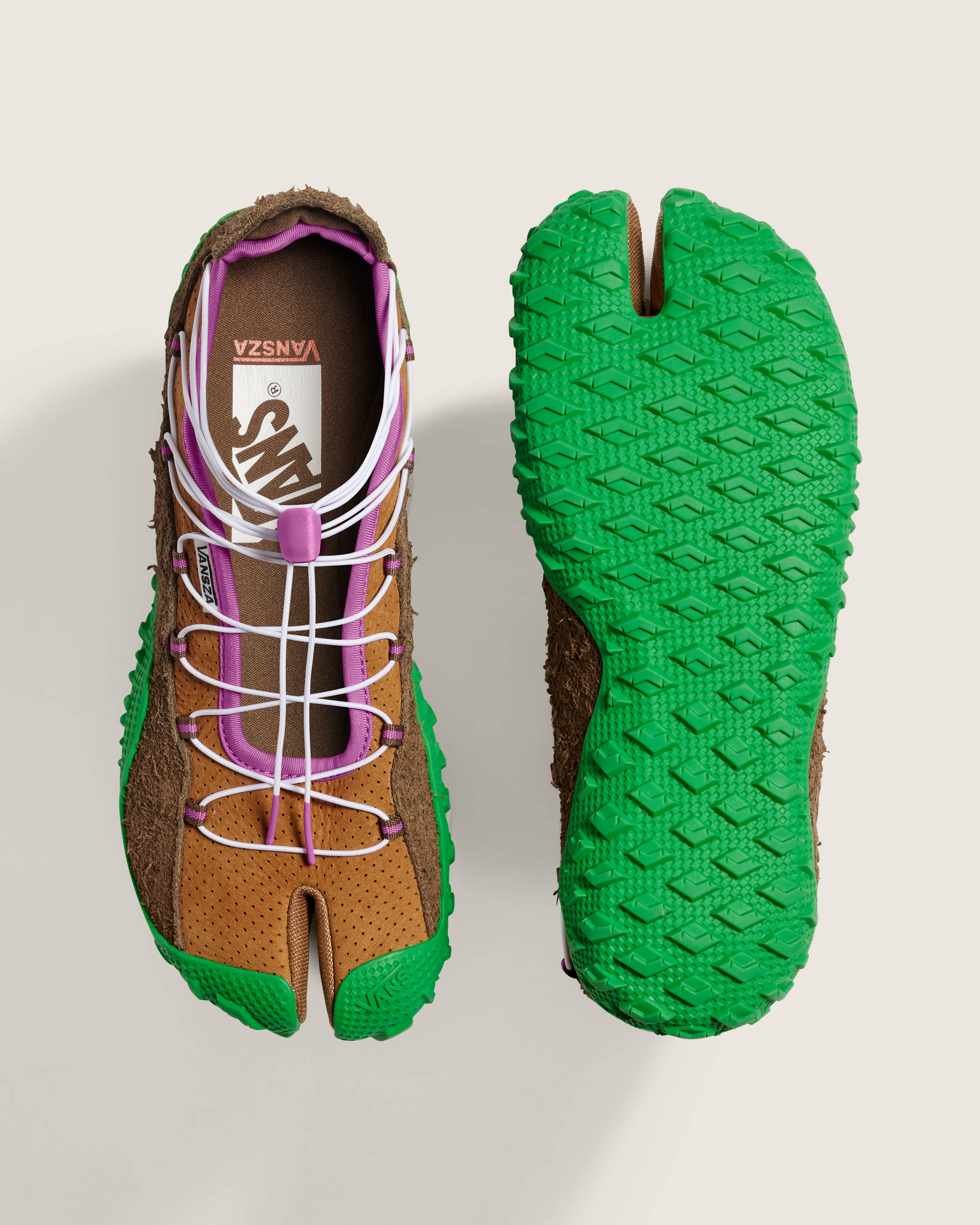 sza x vans tabi brown green top down shot